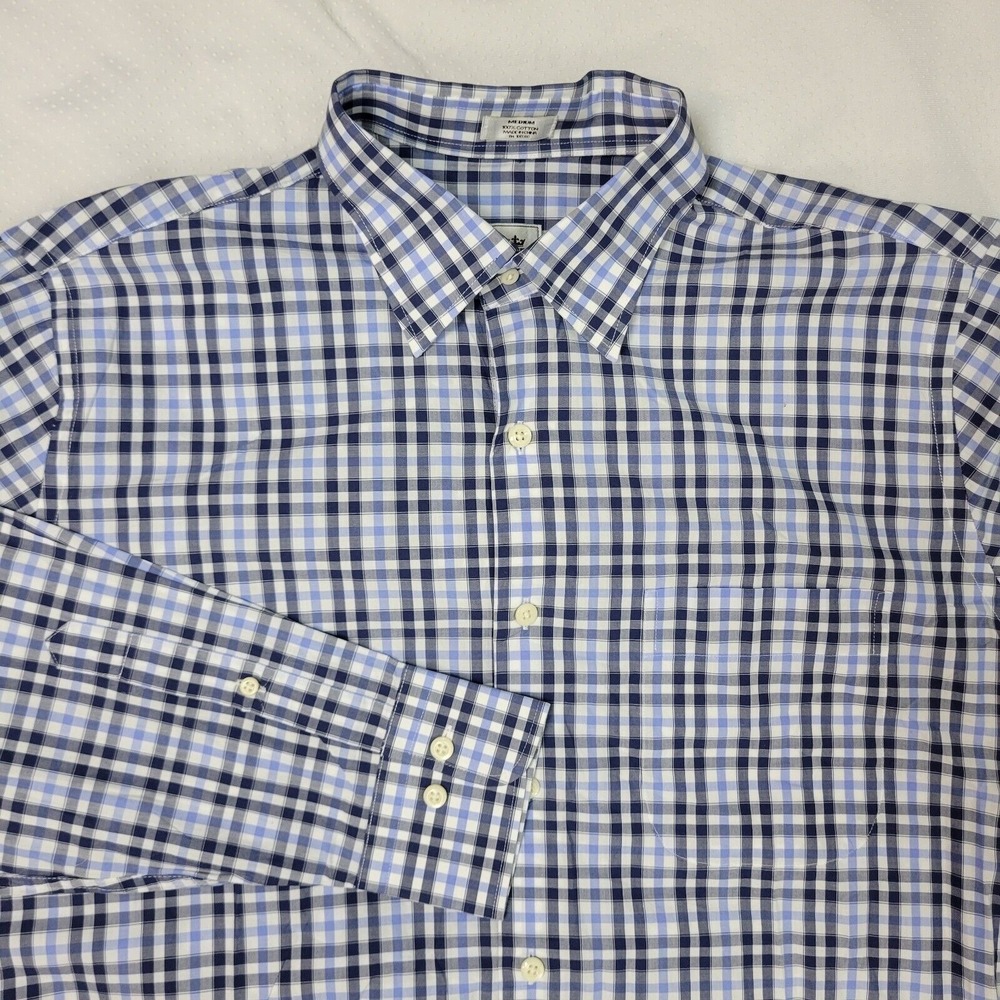 Peter Millar White Blue Plaid Pattern Mens Medium Button Down Shirt 100% Cotton